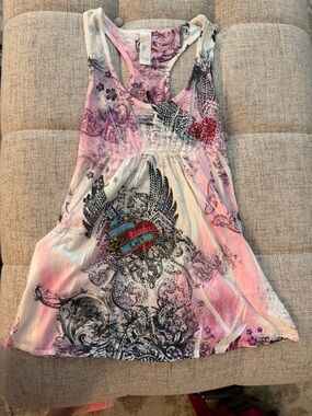 Womens Pink Graphic Racerback Tank Top with Embellished Heart